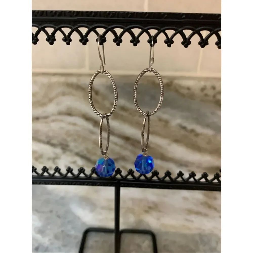 Sterling Silver Drop Earrings with Blue Crystal #Earrings #blue earrings